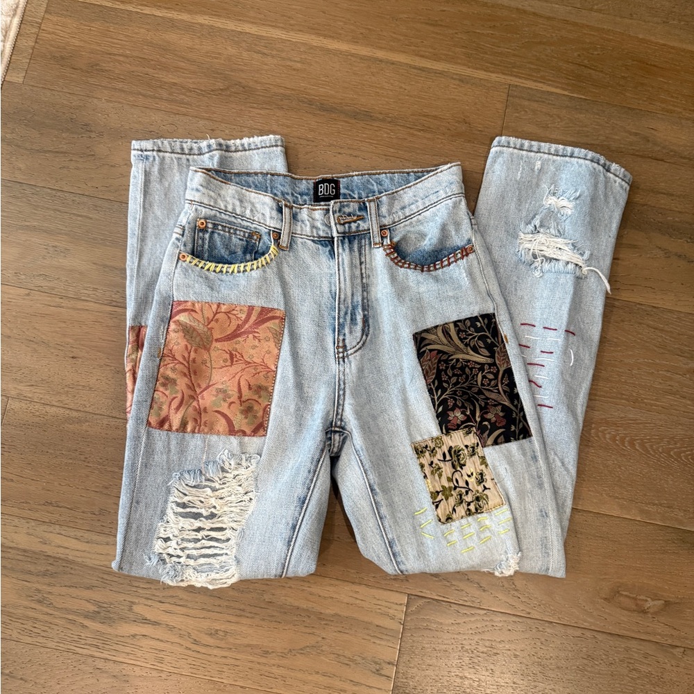BDG Light Blue Distressed Patchwork Jeans with Multicolor Fabric Patches